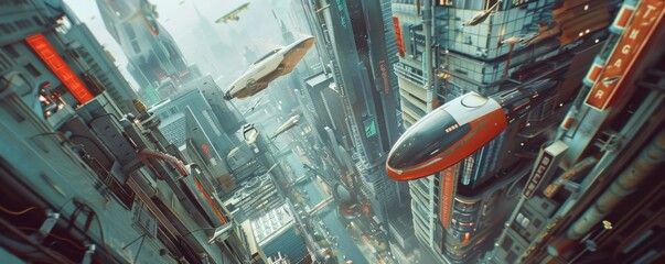 Fototapeta premium Futuristic cityscape featuring flying vehicles, 4K hyperrealistic photo