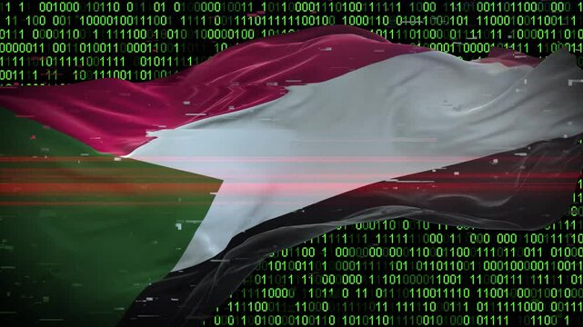 Binary code on flag of Sudan. Program source code or Hacker concept on Sudanese flag. Sudan digital technology security, hacking or programming