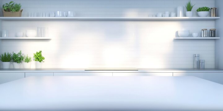  Creative Abstract Marketing Background Featuring a Blurred White Family Kitchen Countertop, Representing Home Design, Architecture, and Lifestyle Concepts for Fresh and Natural Seasonal Promotions, I