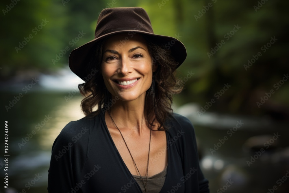 Canvas Prints Portrait of a smiling woman in her 50s donning a classic fedora in tranquil forest stream