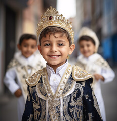 Smiling boy in traditional circumcision ceremony outfit