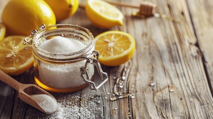 Jar of sugar paste beside fresh lemon slices and honey on a rustic wooden table
