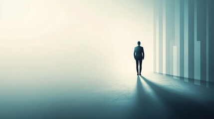 Businessman silhouette merging with rising stock graphs, symbolizing growth, investment strategies, market dynamics, financial success