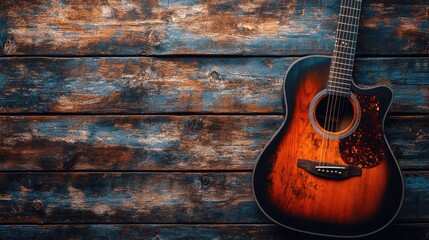 Fototapeta premium Acoustic guitar on rustic wood. Perfect for country music, album art, and more.