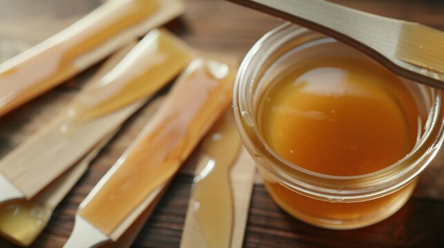 Close-up view of warm wax and waxing strips prepared for hair removal at a beauty salon
