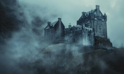 Naklejka premium Enchanted castle surrounded by mist, 4K hyperrealistic photo