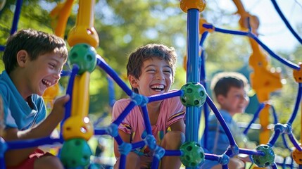Children enjoying various playground structures, laughing and playing together.