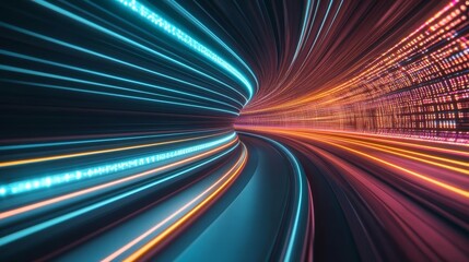 Abstract data tunnel with neon light streaks, big data and internet network concept, glowing colors, futuristic digital speed, immersive tech landscape