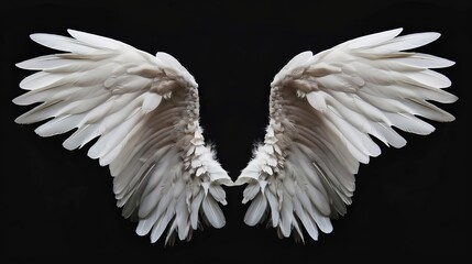 Fototapeta premium White Angel Wings on Black Background - a striking and ethereal visual. The white angel wings create a beautiful contrast against the black background, evoking a sense of grace and serenity.