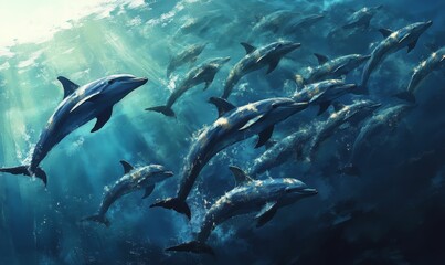 Obraz premium A pod of dolphins swimming in blue water.