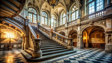 Majestic marble staircase graces a castle hall, capturing the essence of urban exploration photography, showcasing intricate details and the beauty