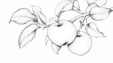 Detailed black and white illustration of two apples on a branch with leaves in a realistic sketch style.