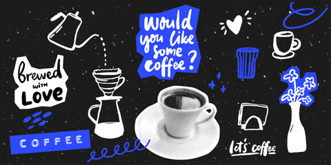 Coffee collage set, modern trendy graphic stickers set at black background, chalk drawings of filter coffee, cup photo, brewed with love