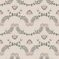Elegant design features a delicate floral vine pattern with soft pink flowers gracefully intertwined on a warm beige background. Hand-drawn botanical design blends vintage charm and feminine appeal.