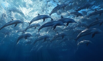 Obraz premium A pod of dolphins swim in the ocean.