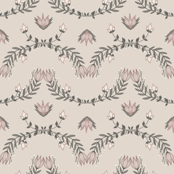 Elegant design features a delicate floral vine pattern with soft pink flowers gracefully intertwined on a warm beige background. Hand-drawn botanical design blends vintage charm and feminine appeal.