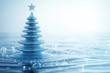 Abstract christmas tree formed from the water splash waves, on the water structure with star at the top. Blurry, white background. Blue water christmas card idea. Large copy space. Original