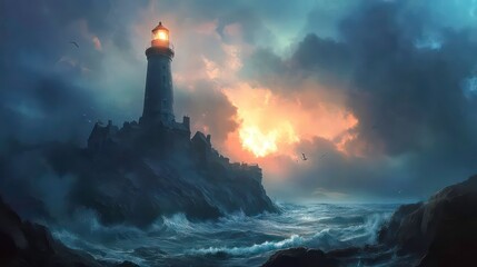 A lone lighthouse stands tall on a rocky cliff, its beacon cutting through the stormy sea and dramatic sunset sky.