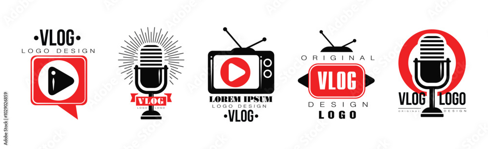 Poster vlog logo and label design with red and black vector set