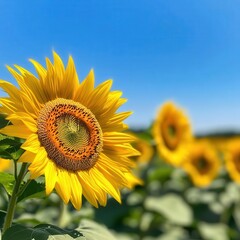 Naklejka premium Closeup of vibrant yellow sunflower heads against a clear blue sky, capturing the striking contrast of colors Midangle shot, sharp focus on details