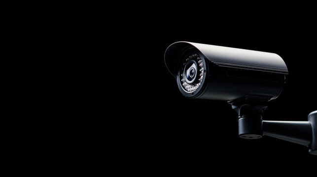 A close-up view of a black security camera against a black background, enhanced by soft backlighting that adds depth and highlights the camera's features, conveying a sense of surv