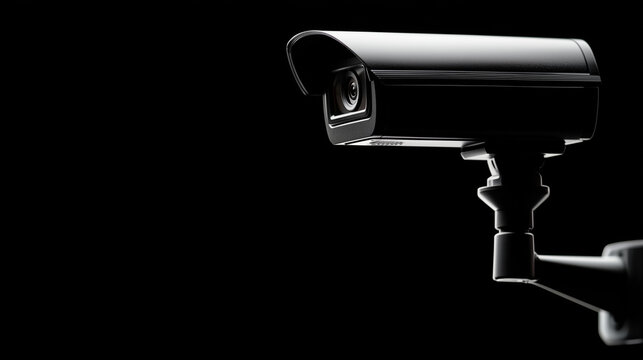A close-up view of a black security camera against a black background, enhanced by soft backlighting that adds depth and highlights the camera's features, conveying a sense of surv