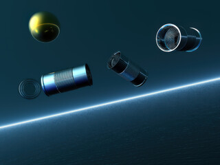 Satellit und Weltraummüll im Orbit eines Planeten - fiktive Illustration - kein KI © P.S.DES!GN