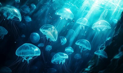 Multiple jellyfish swim through blue water.