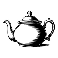 Vintage Teapot Illustration in Detailed Black and White Outline Line Art Drawing