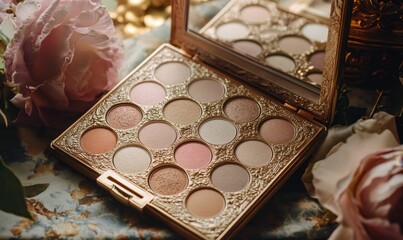 Gold eyeshadow palette with roses.
