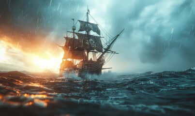 Obraz premium Brave pirate ship sailing on stormy seas, 4K hyperrealistic photo.