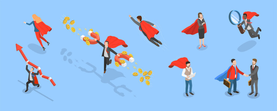 3D Isometric Flat Vector Set of Hero Persons, Superhero Business Persons Various Poses