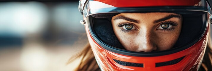 A woman wearing a red helmet with her eyes closed
