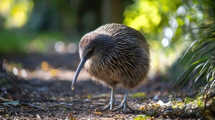 A kiwi bird walking in its natural habitat with its long beak.