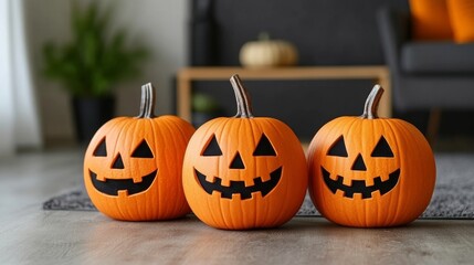 Three Jack o Lantern Pumpkins on Hardwood Floor for Halloween Decoration