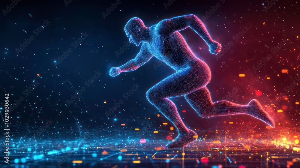 Poster a wireframe rendering of a man running on a futuristic digital landscape.