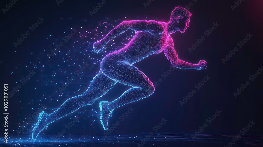 Poster a digital rendering of a man running, with his body composed of lines and dots of light.