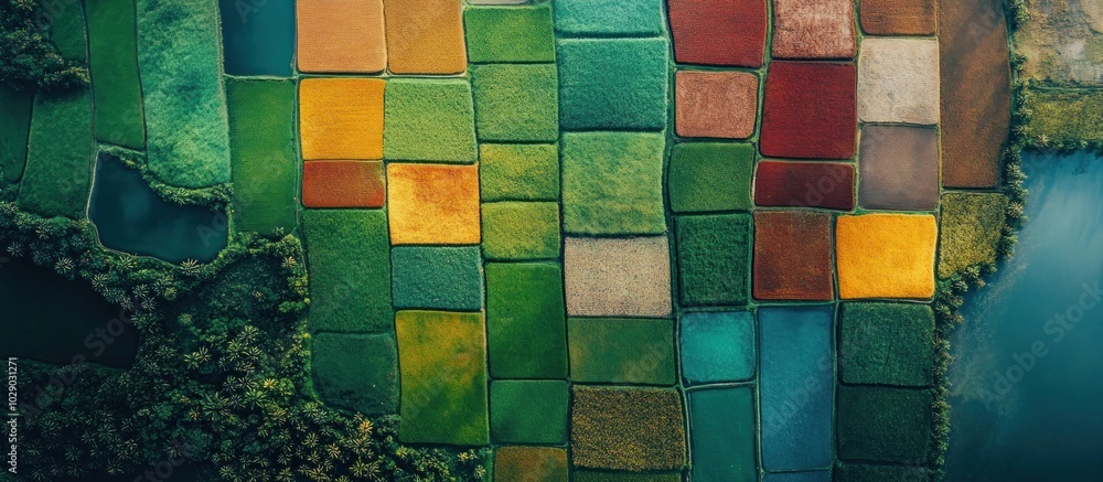 Aufkleber aerial view of a field divided into colorful squares, creating an abstract pattern.