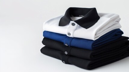 Stack of Folded Polos in White, Navy, and Black