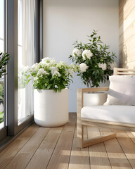 Beautiful balcony or terrace with wooden floor, chair, green potted flowers plants. Stylish balcony home terrace with city background. 3d render.