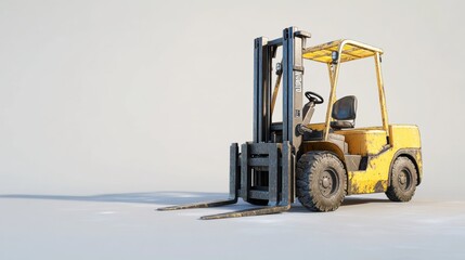 Forklift yellow and black isolated view front, vehicle equipment transportation moving transport storage warehouse pallet