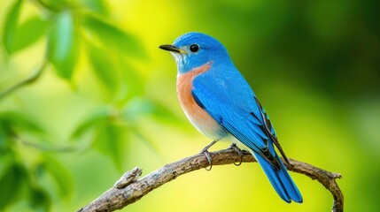 Fototapeta premium A vibrant bluebird perched on a branch with a green backdrop.