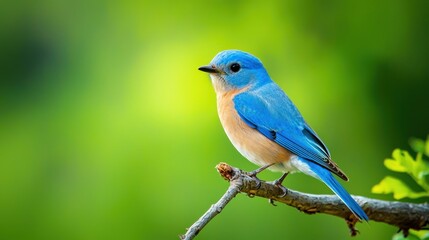 Fototapeta premium A vibrant bluebird perched on a branch with a green backdrop.