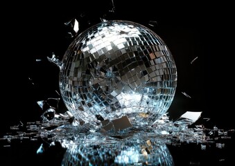 A shattered disco ball on a black background