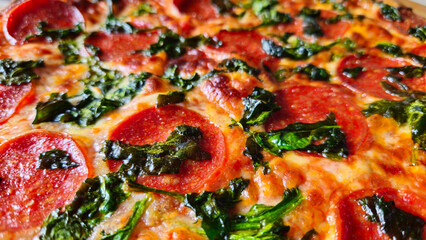 closeup of pepperoni pizza with spinach background