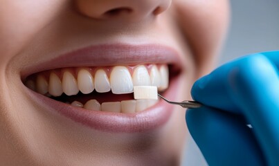 Fototapeta premium Closeup of teeth being examined with shade guide.
