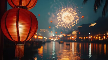 Obraz premium Lanterns and fireworks at night in the background celebrating Chinese New Year, Year of the Snake