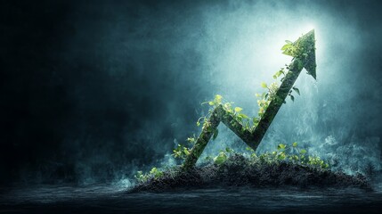 Obraz premium Vibrant arrow entwined with green vines symbolizing natural equity growth on dark blue financial chart backdrop