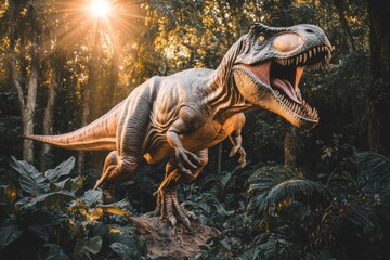 T-Rex Roaring in Dense Jungle at Sunset