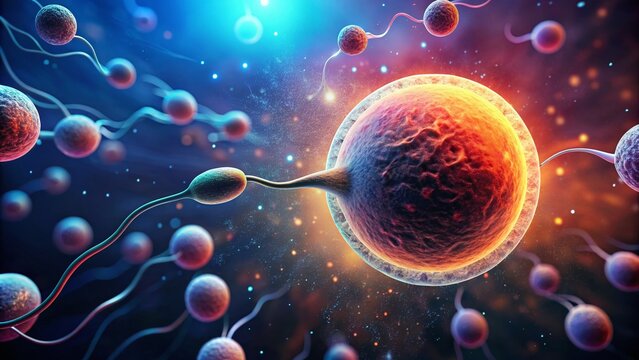 Microscopic Close-Up of Male Sperm Fertilizing Female Egg in Reproductive Process